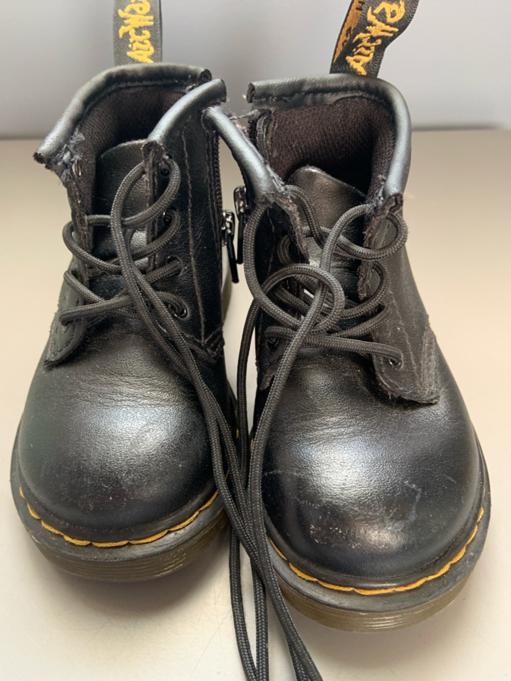 Dr. Martens Black Kids Lace-Up Ankle Boots with Yellow Stitching